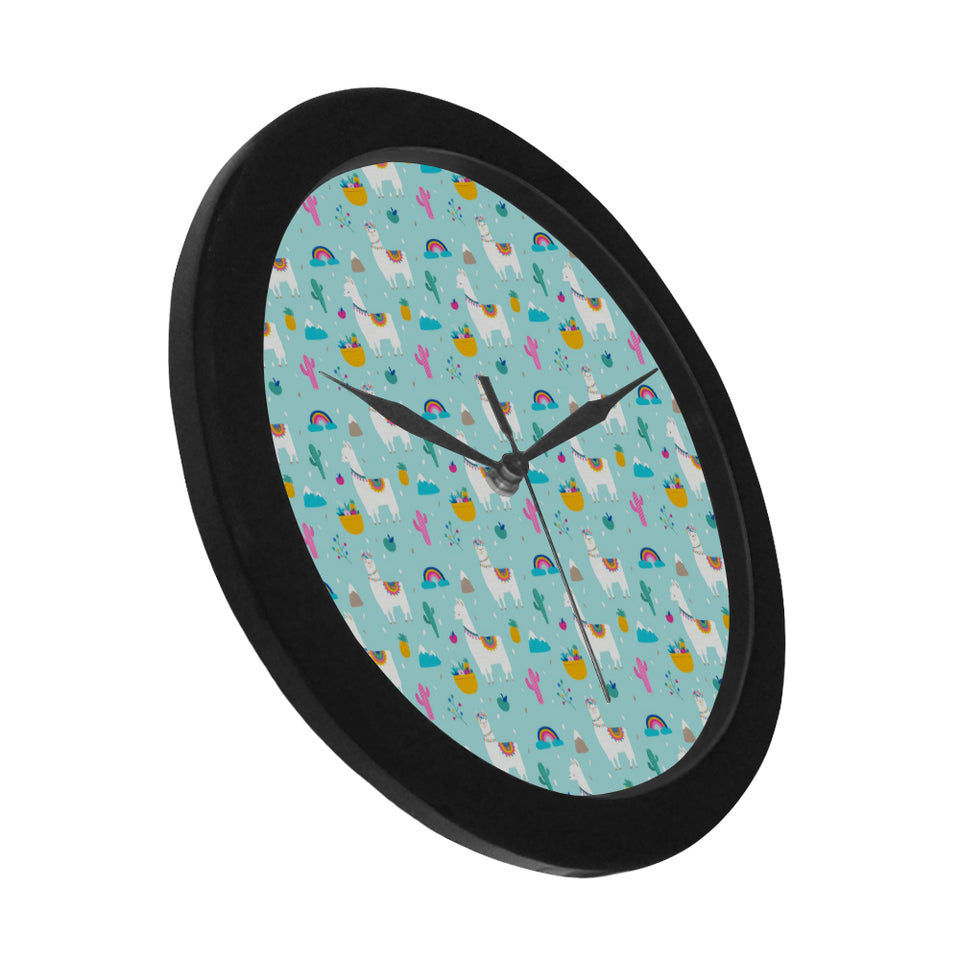 Llama alpaca cactus leaves pattern Elegant Black Wall Clock