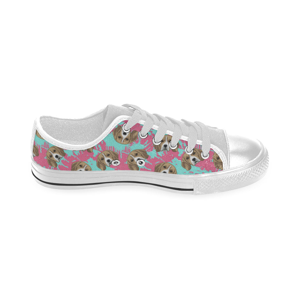 Beagle muzzles turquoise paint splashes pink patte Men's Low Top Shoes White