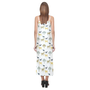 Silhouettes of goat and tree pattern V-Neck Open Fork Long Dress