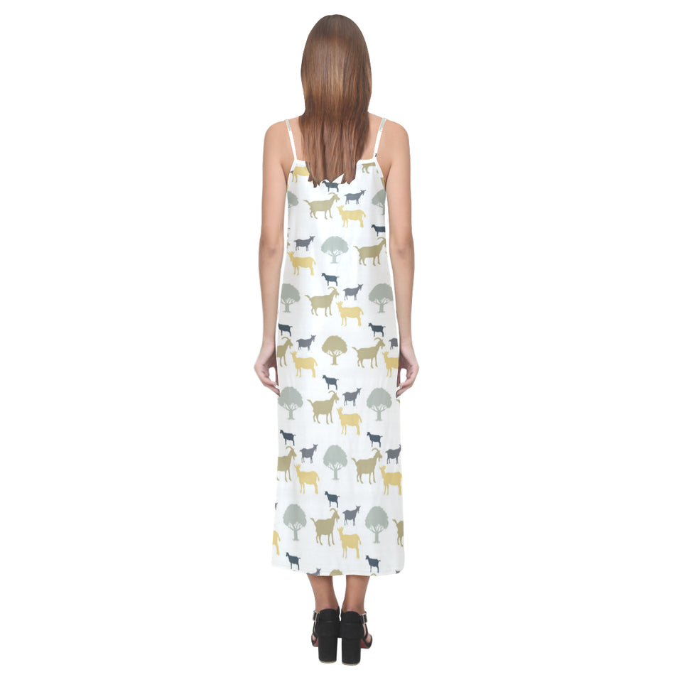 Silhouettes of goat and tree pattern V-Neck Open Fork Long Dress