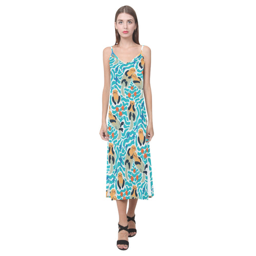 Cute sea otters fishe sea urchin pattern V-Neck Open Fork Long Dress