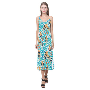 Cute sea otters fishe sea urchin pattern V-Neck Open Fork Long Dress