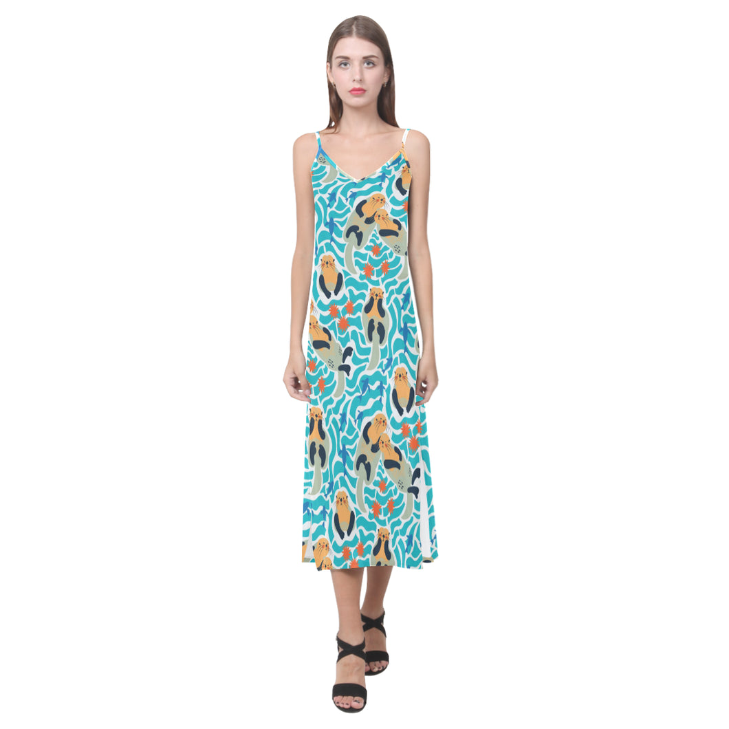 Cute sea otters fishe sea urchin pattern V-Neck Open Fork Long Dress
