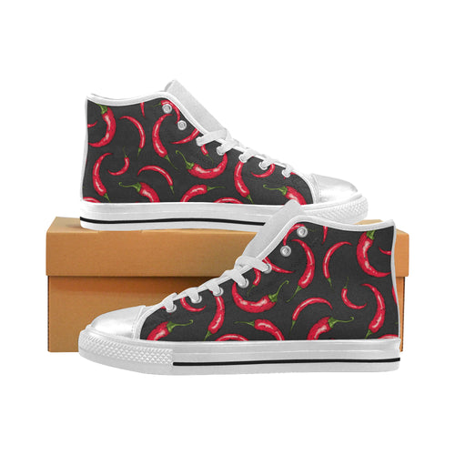 Chili peppers pattern black background Women's High Top Canvas Shoes White