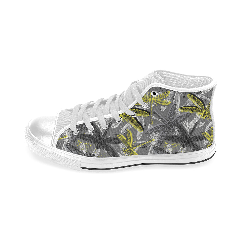 Hand drawn dragonfly pattern Men's High Top Canvas Shoes White