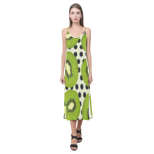 kiwi black dot background V-Neck Open Fork Long Dress