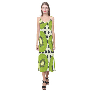kiwi black dot background V-Neck Open Fork Long Dress