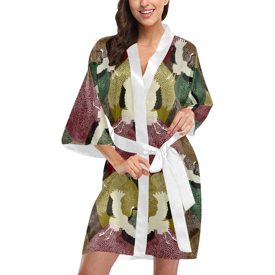 Japanese cranes flying forest dot pattern Women's Short Kimono Robe