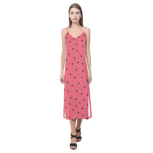 watermelon texture background V-Neck Open Fork Long Dress