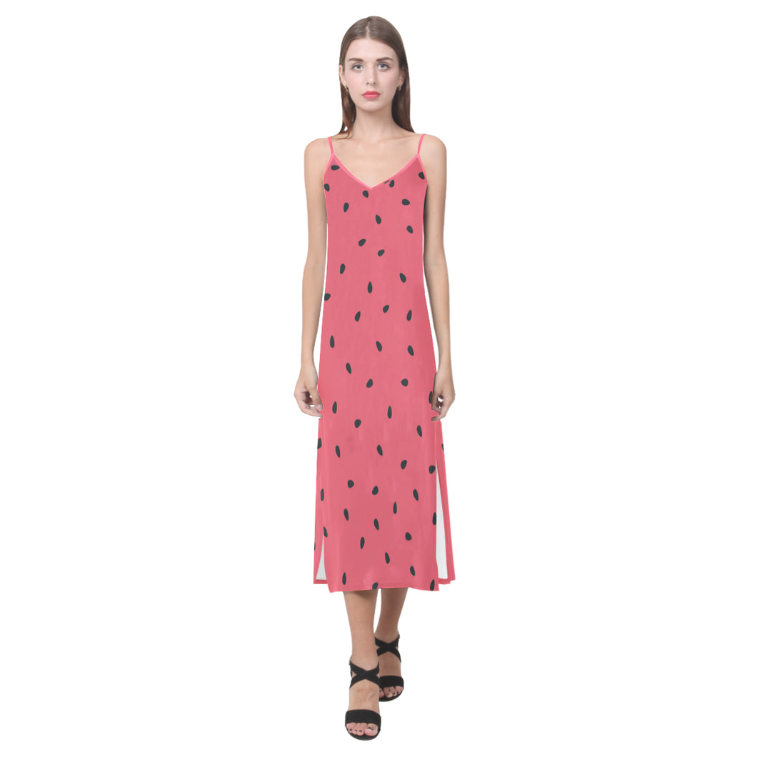 watermelon texture background V-Neck Open Fork Long Dress