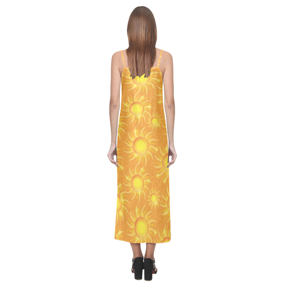 Sun orange background V-Neck Open Fork Long Dress