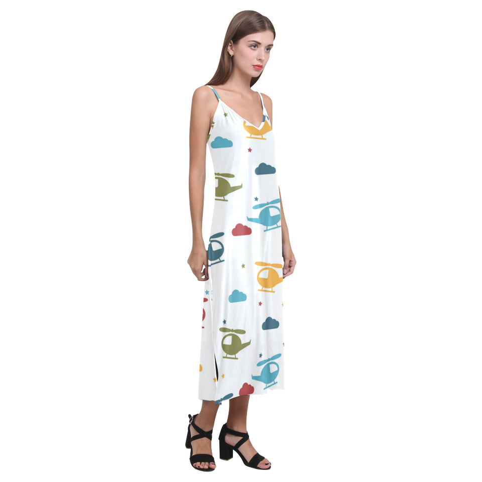 Colorful helicopter pattern V-Neck Open Fork Long Dress