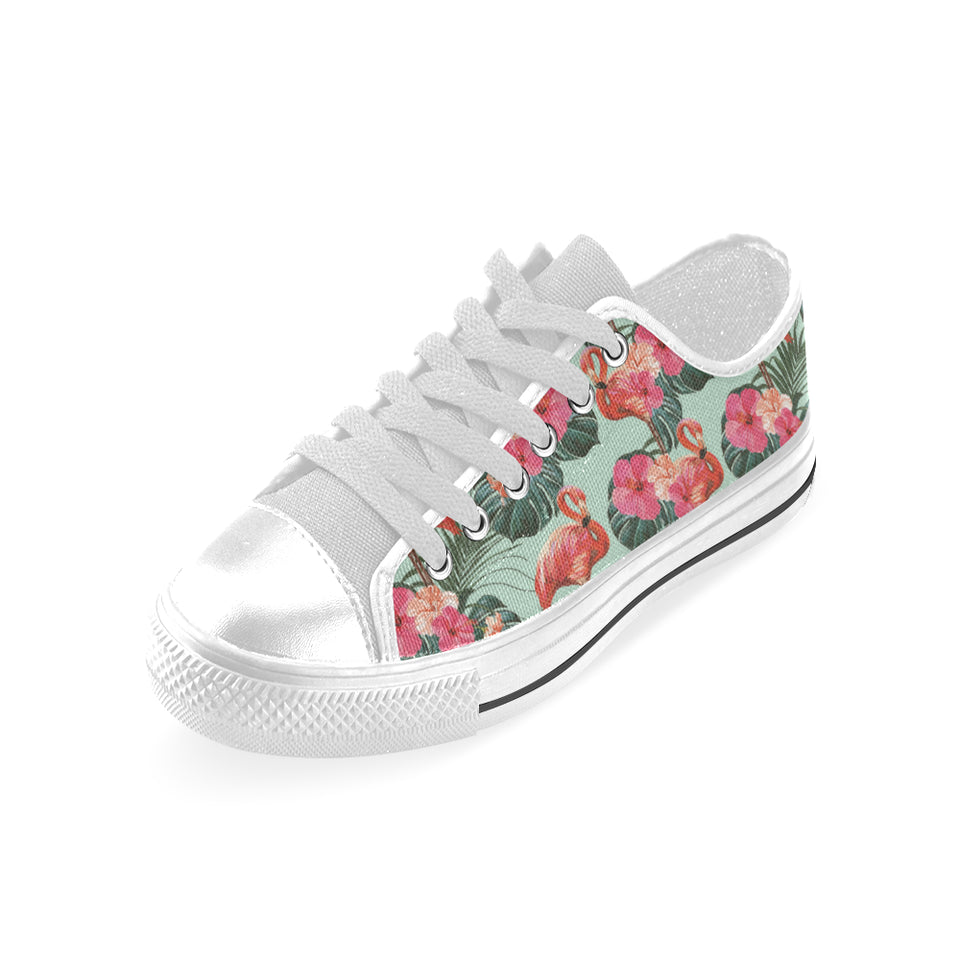 Beautiful flamingo tropical palm leaves hibiscus p Men's Low Top Canvas Shoes White
