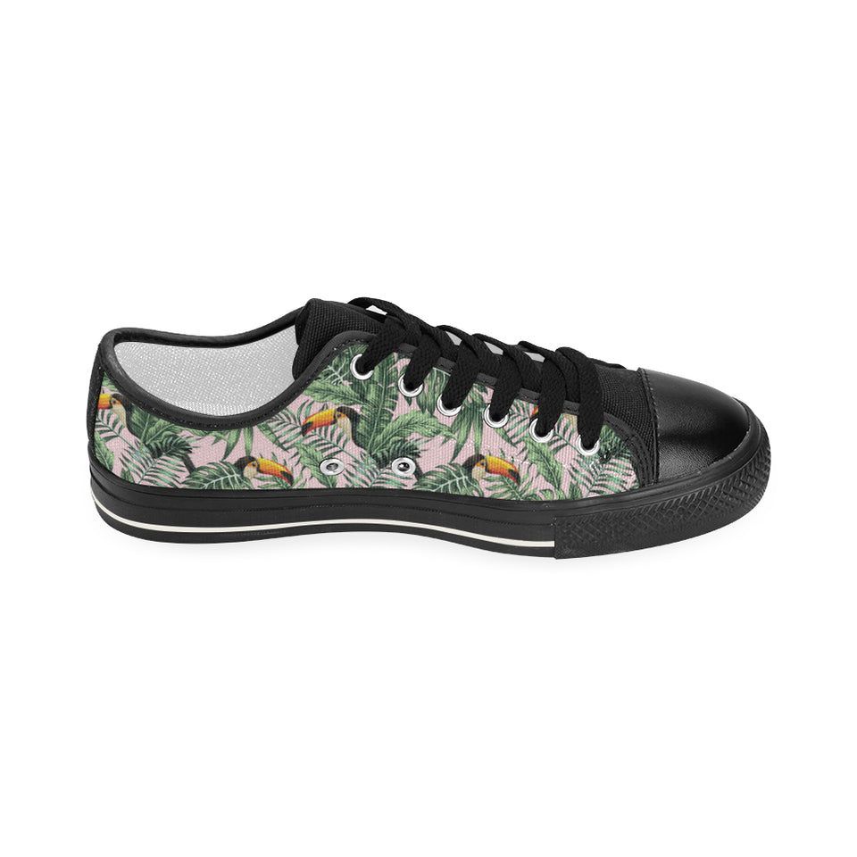 Toucan tropical green jungle palm pattern Women's Low Top Canvas Shoes Black