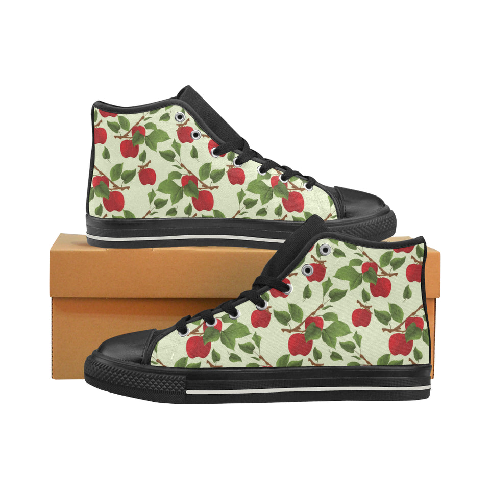 Red apples leaves pattern Men's High Top Canvas Shoes Black