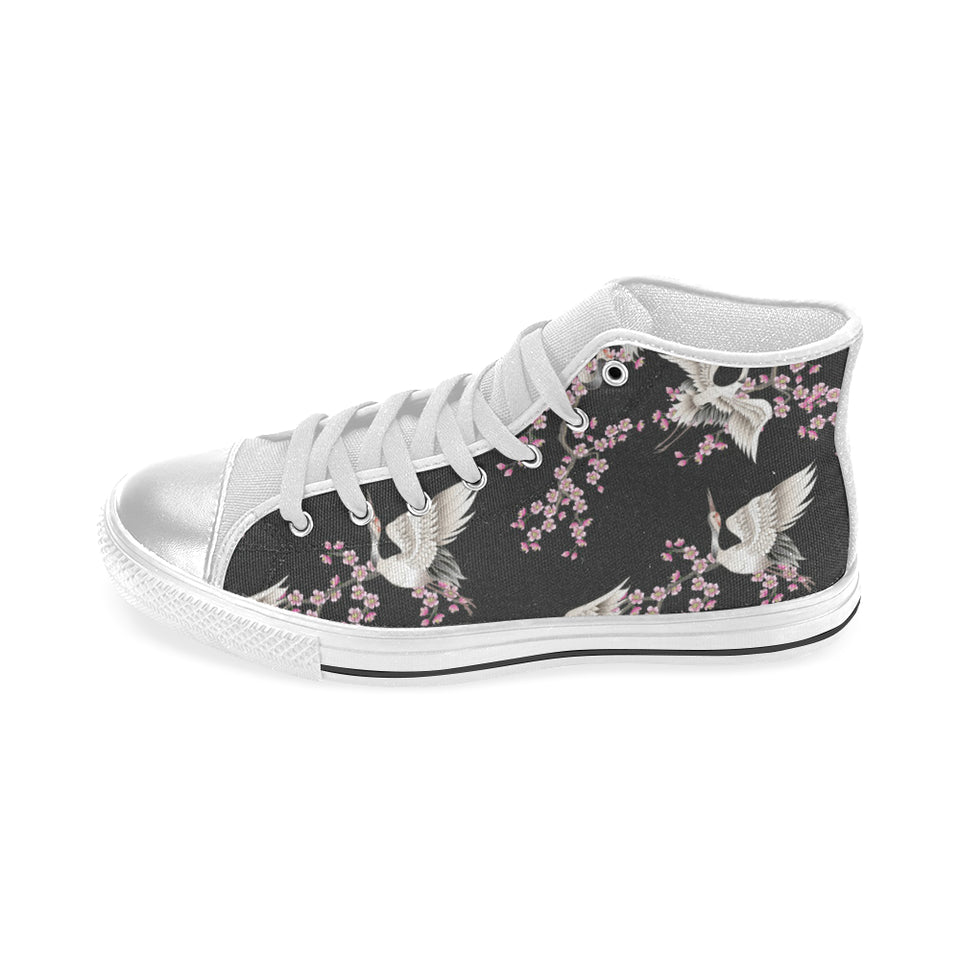 Japanese crane pink sakura pattern Women's High Top Canvas Shoes White