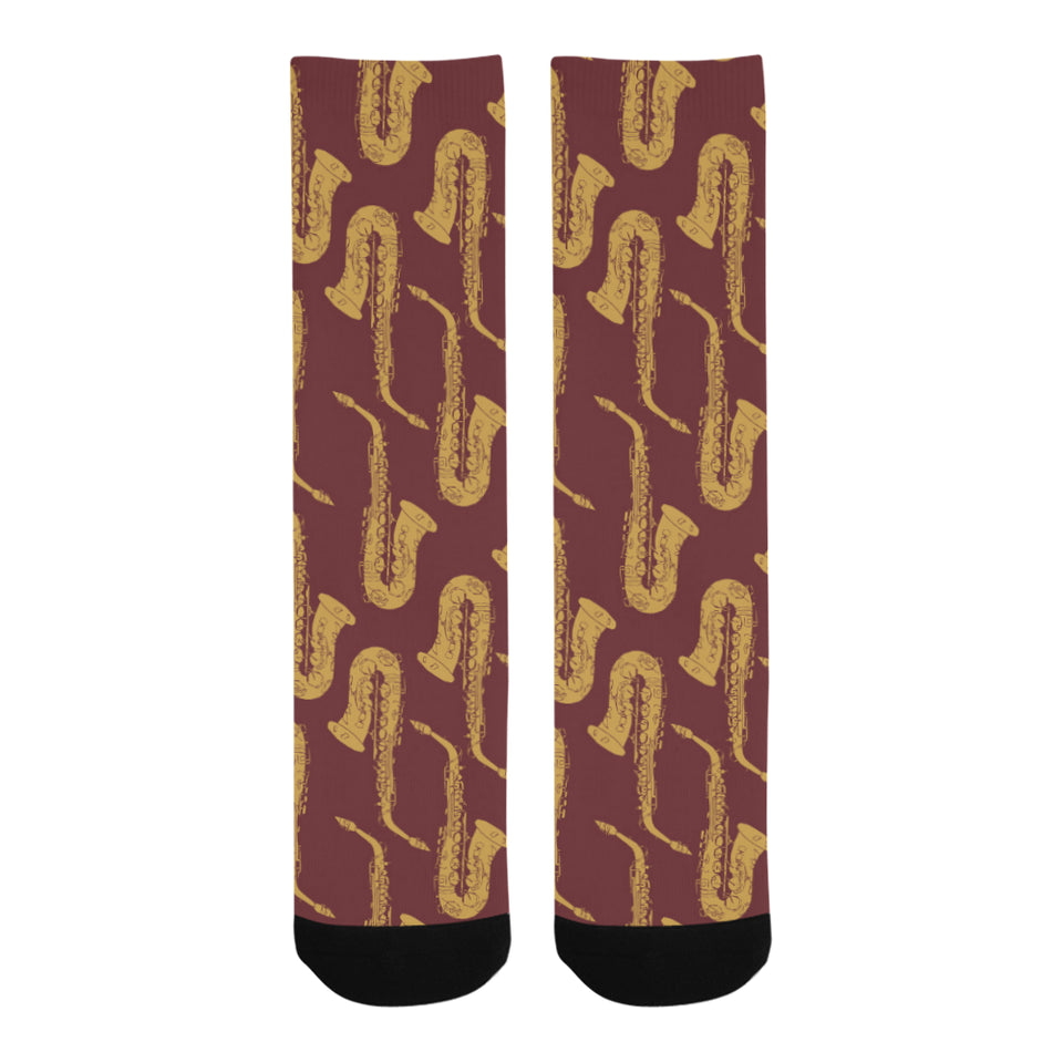 Hand drawn gold saxophone red background Crew Socks