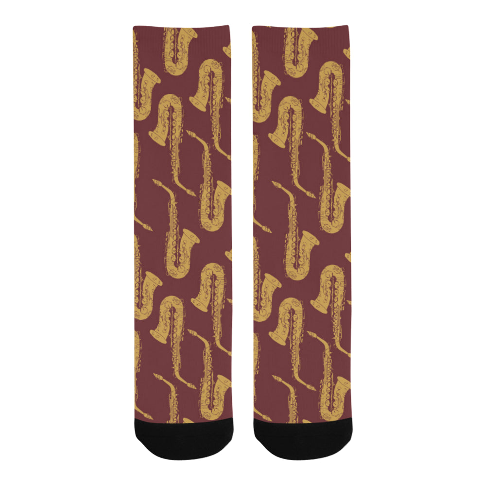 Hand drawn gold saxophone red background Crew Socks