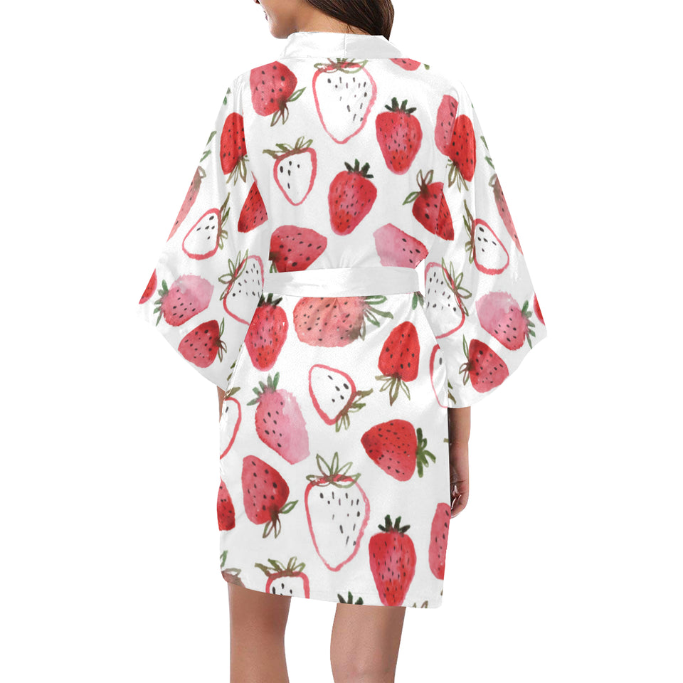 watercolor hand drawn beautiful strawberry pattern Women's Short Kimono Robe