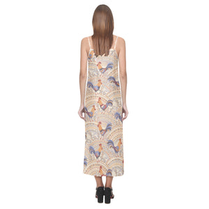 Cute rooster chicken cock floral ornament backgrou V-Neck Open Fork Long Dress