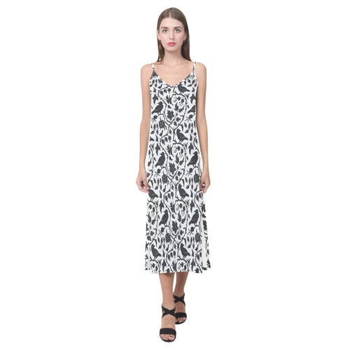 Crow dark floral pattern V-Neck Open Fork Long Dress
