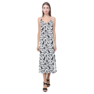 Crow dark floral pattern V-Neck Open Fork Long Dress