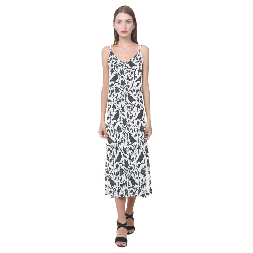 Crow dark floral pattern V-Neck Open Fork Long Dress