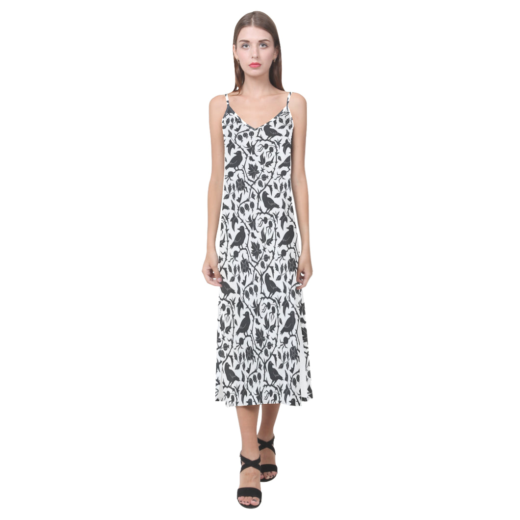 Crow dark floral pattern V-Neck Open Fork Long Dress