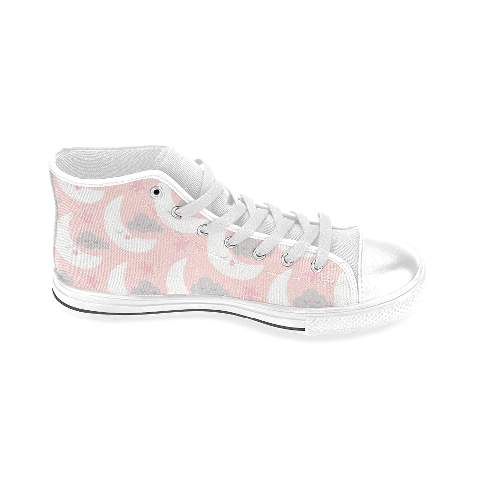 Cute moon cloud star pattern pink dot background Men's High Top Canvas Shoes White