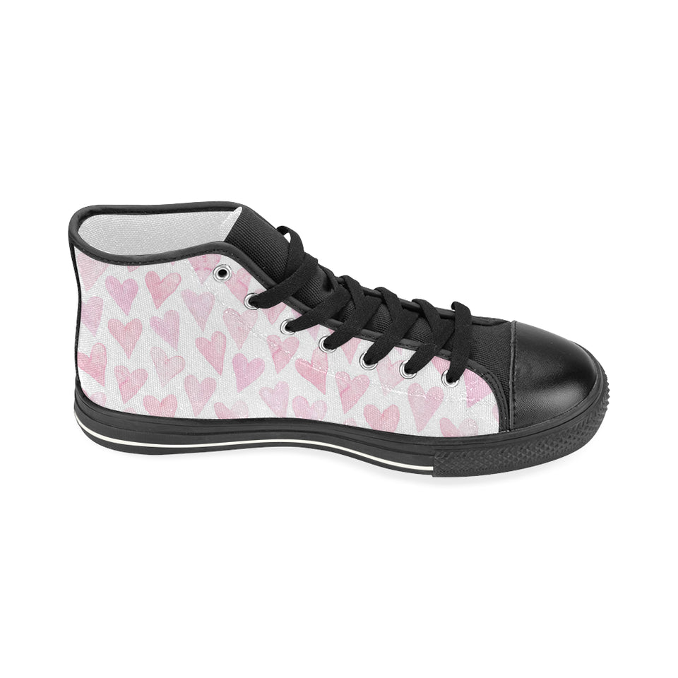 Watercolor pink heart pattern Women's High Top Canvas Shoes Black