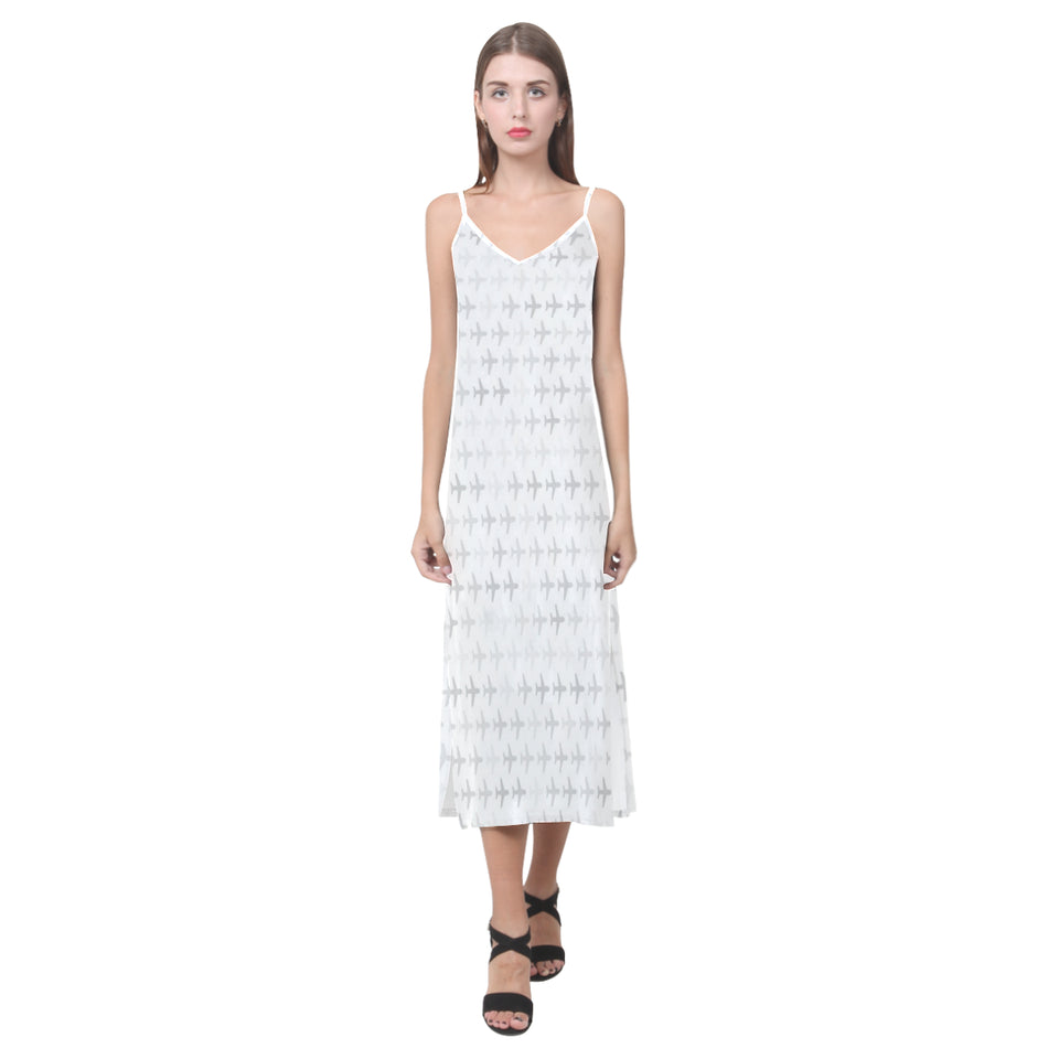 Airplane print pattern V-Neck Open Fork Long Dress