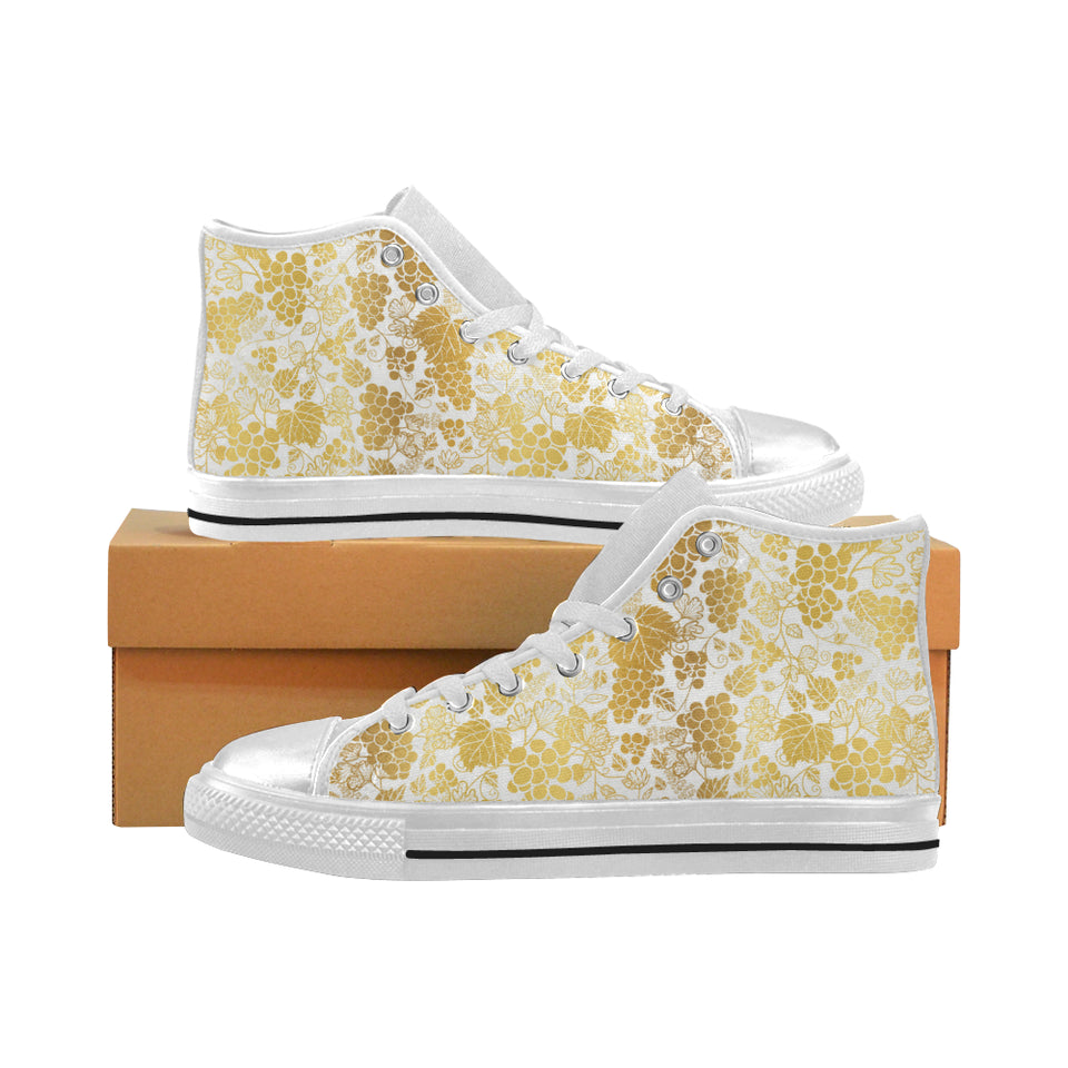 Gold grape pattern Women's High Top Canvas Shoes White