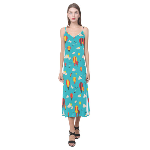 Hot Air Balloon Sky Pattern V-Neck Open Fork Long Dress
