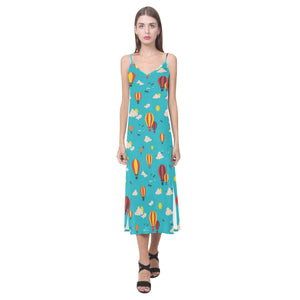 Hot Air Balloon Sky Pattern V-Neck Open Fork Long Dress