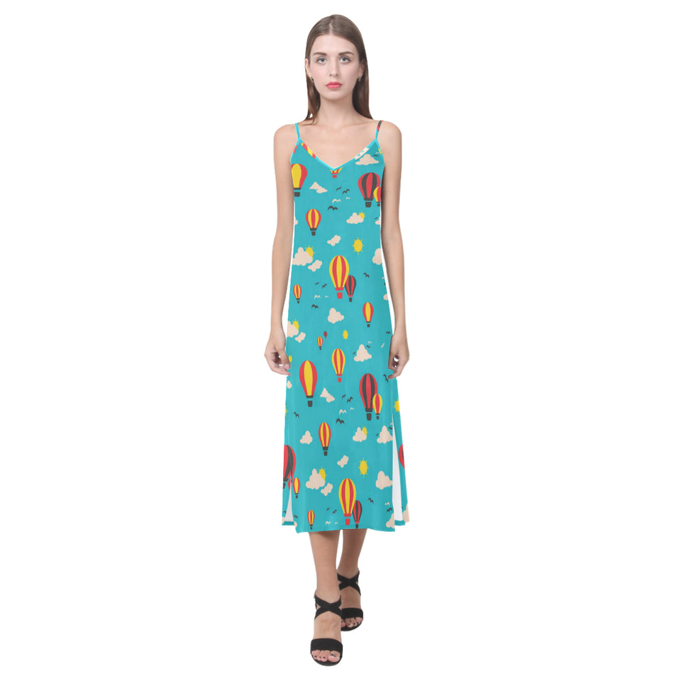 Hot Air Balloon Sky Pattern V-Neck Open Fork Long Dress