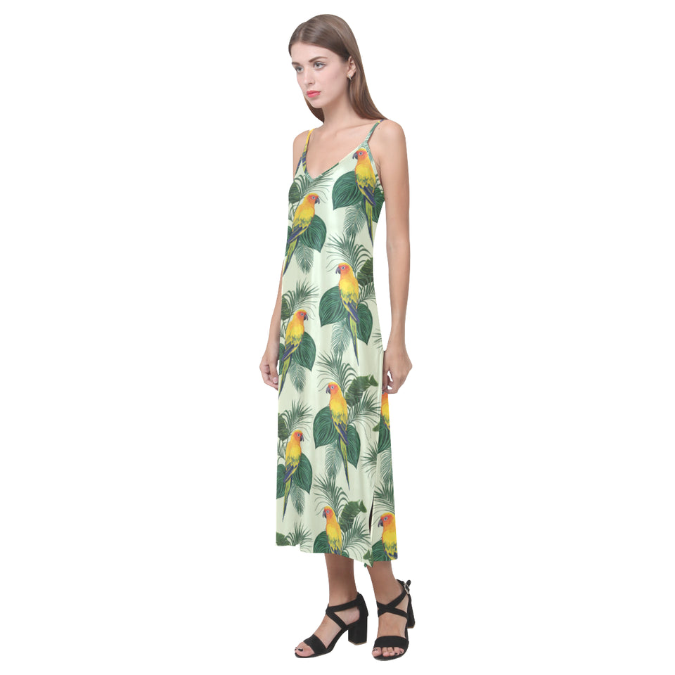 Beautiful parrot palm leaves pattern V-Neck Open Fork Long Dress