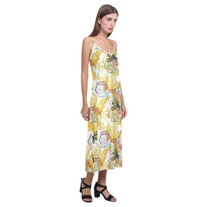 Cool Bee honeycomb leaves pattern V-Neck Open Fork Long Dress