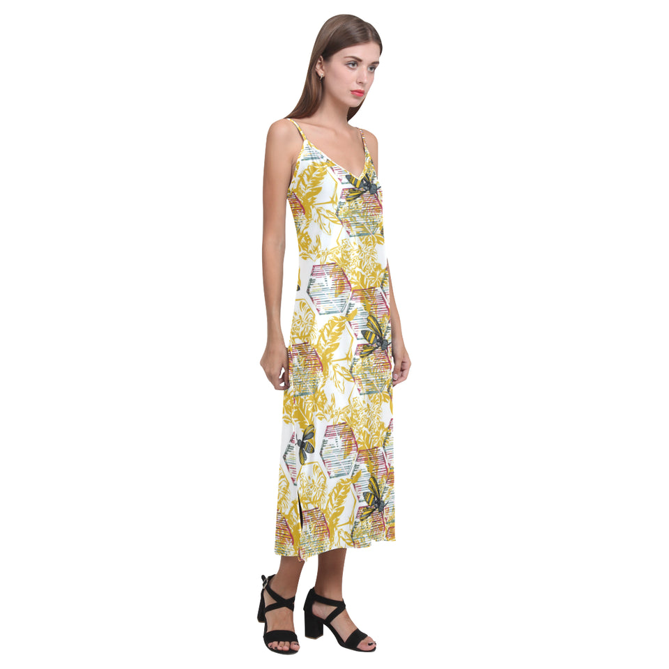 Cool Bee honeycomb leaves pattern V-Neck Open Fork Long Dress