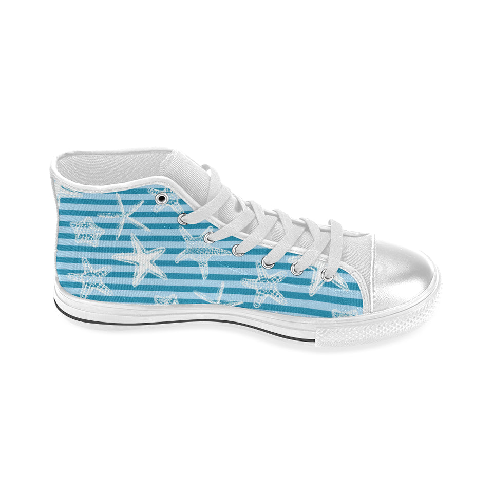 Starfish blue blackground Women's High Top Canvas Shoes White