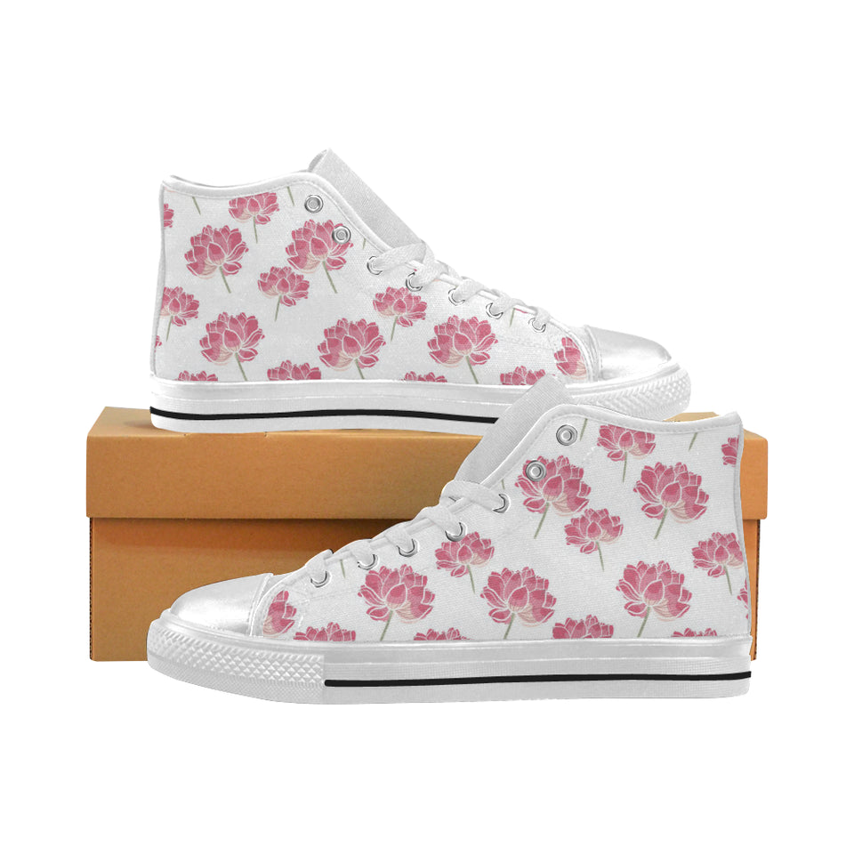 Pink lotus waterlily pattern Women's High Top Canvas Shoes White