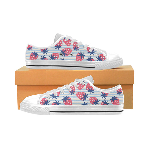 Strawberry pattern blue lines background Men's Low Top Shoes White