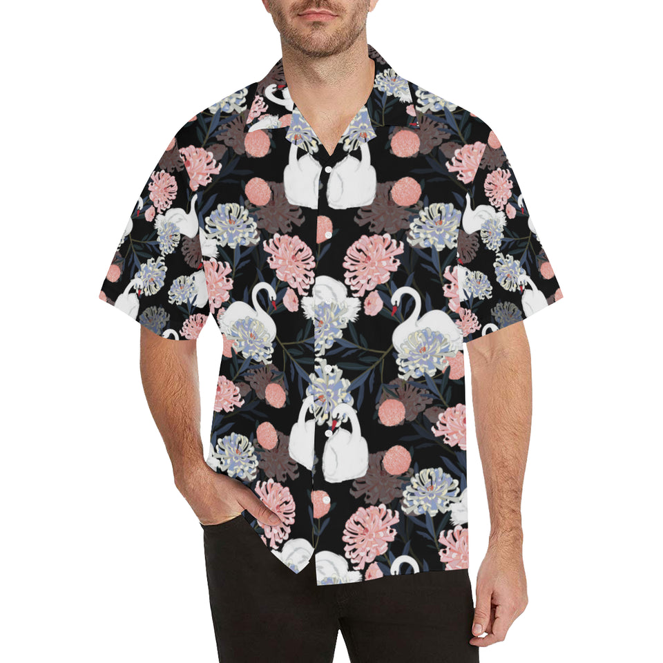 white swan blooming flower pattern Men's All Over Print Hawaiian Shirt