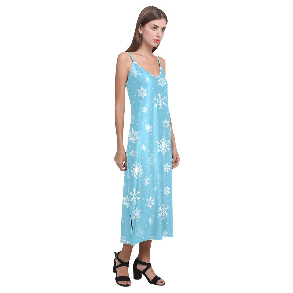 Snowflake pattern blue background V-Neck Open Fork Long Dress