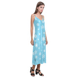Snowflake pattern blue background V-Neck Open Fork Long Dress