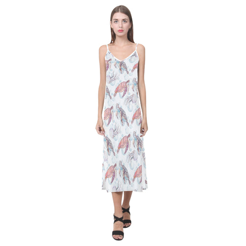 Watercolor sea turtle jellyfish pattern V-Neck Open Fork Long Dress