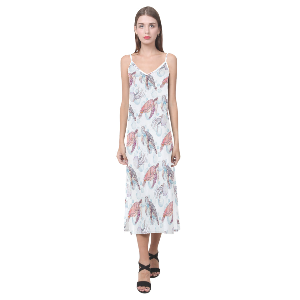 Watercolor sea turtle jellyfish pattern V-Neck Open Fork Long Dress