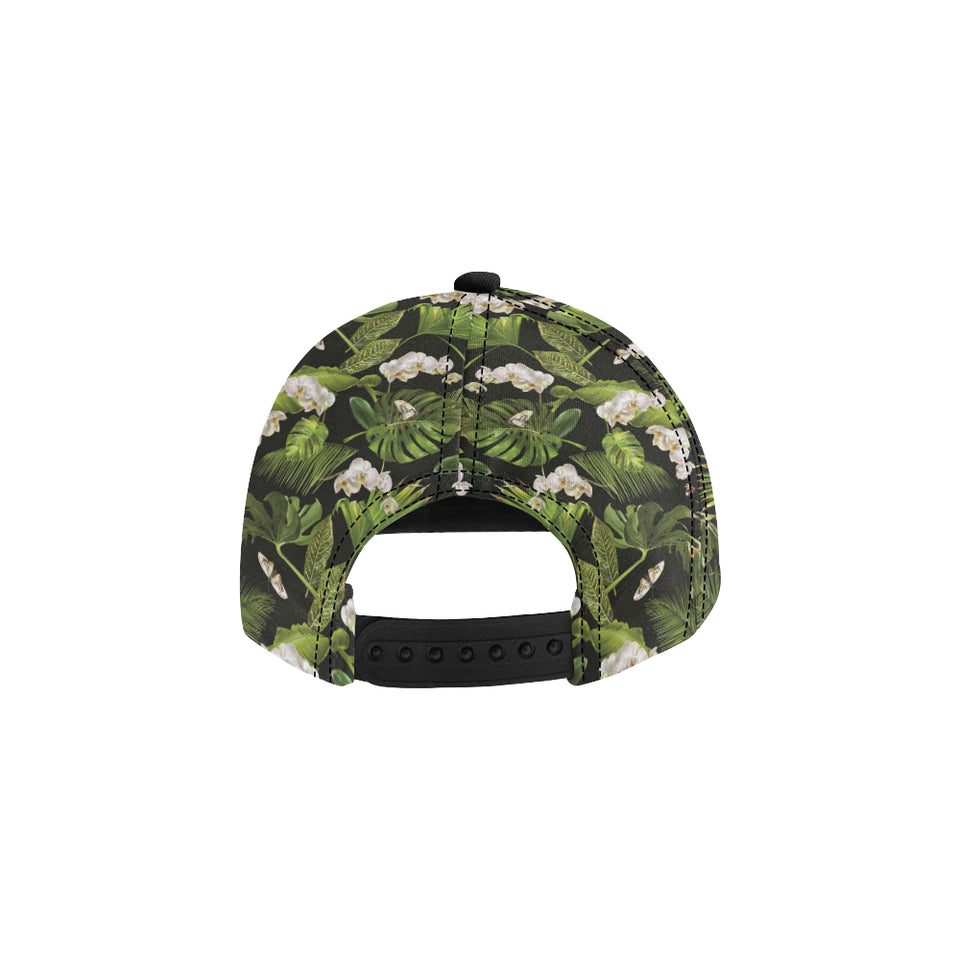 White orchid flower tropical leaves pattern blackg All Over Print Snapback Cap