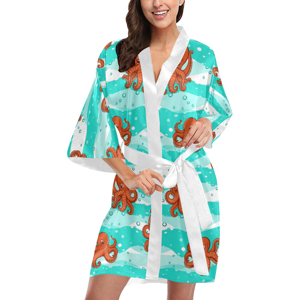 Octopuses sea wave background Women's Short Kimono Robe