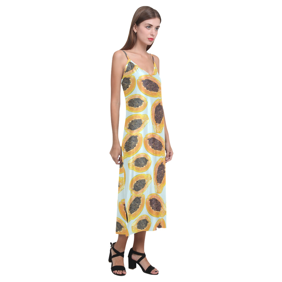 Watercolor papaya pattern V-Neck Open Fork Long Dress