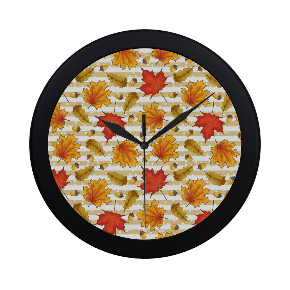 Maple leaf oak leaf acorns beige striped backgroun Elegant Black Wall Clock